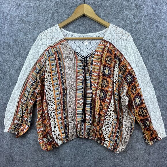 Lapis Blouse Womens Small Boho Cropped Lace Oversized Crochet Lightweight Hippie - Picture 1 of 8